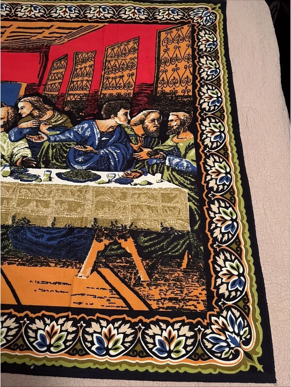 Vintage Tapestry Fabric Wall Hanging Sacred Heart Jesus Last Supper EUC Large